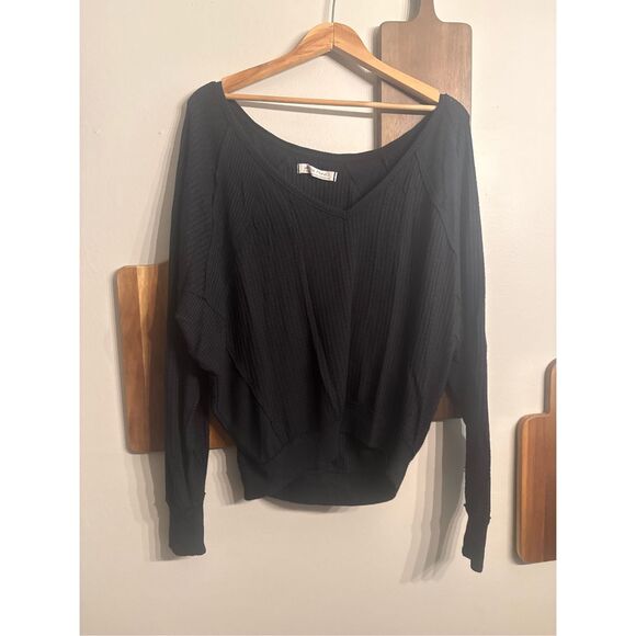 Free People Santa Clara Black Oversized V-Neck Dolman Sleeve Thermal Knit Top XS - Picture 1 of 5